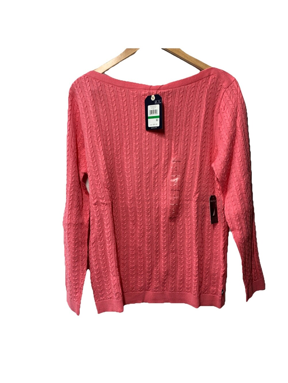 Nautica Jeans Womens Sweater Cable Knit Pink Cotton Long Sleeve Boatneck Size L